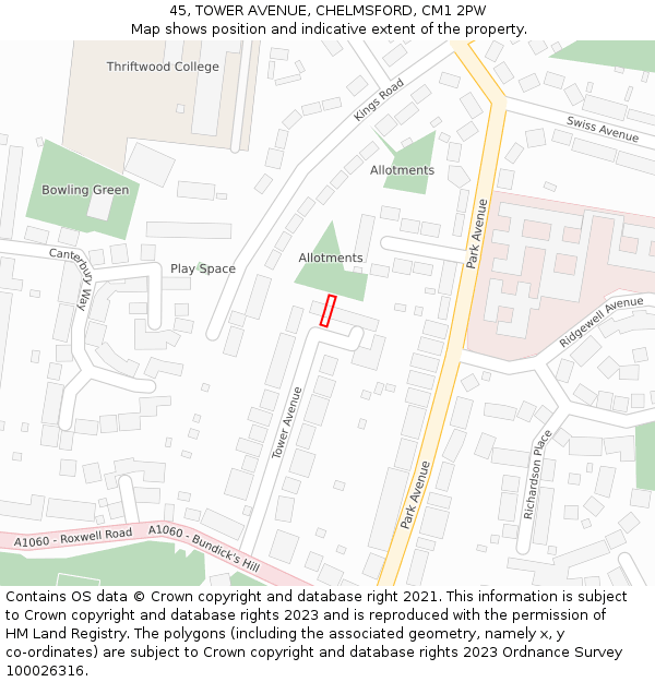 45, TOWER AVENUE, CHELMSFORD, CM1 2PW: Location map and indicative extent of plot