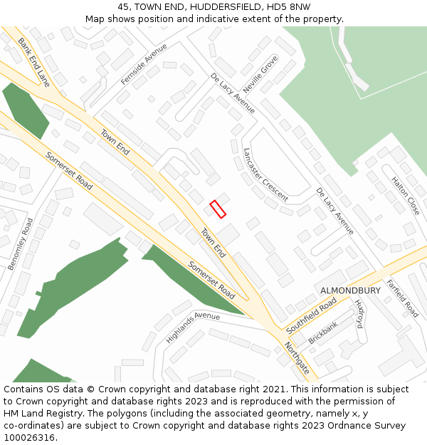 45, TOWN END, HUDDERSFIELD, HD5 8NW: Location map and indicative extent of plot