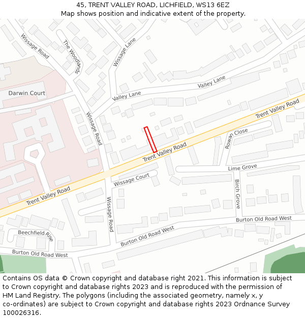 45, TRENT VALLEY ROAD, LICHFIELD, WS13 6EZ: Location map and indicative extent of plot