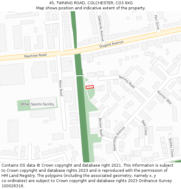 45, TWINING ROAD, COLCHESTER, CO3 9XG: Location map and indicative extent of plot