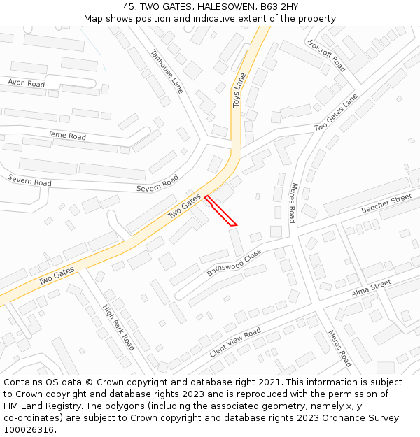 45, TWO GATES, HALESOWEN, B63 2HY: Location map and indicative extent of plot