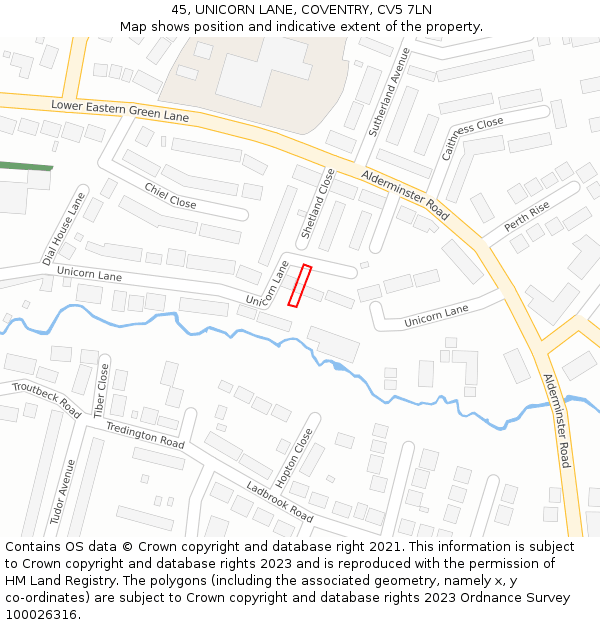 45, UNICORN LANE, COVENTRY, CV5 7LN: Location map and indicative extent of plot