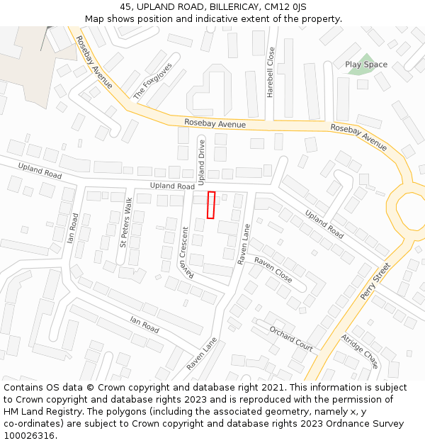 45, UPLAND ROAD, BILLERICAY, CM12 0JS: Location map and indicative extent of plot