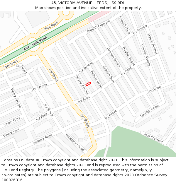45, VICTORIA AVENUE, LEEDS, LS9 9DL: Location map and indicative extent of plot