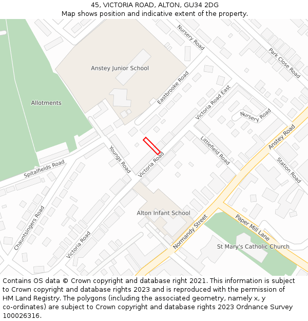 45, VICTORIA ROAD, ALTON, GU34 2DG: Location map and indicative extent of plot