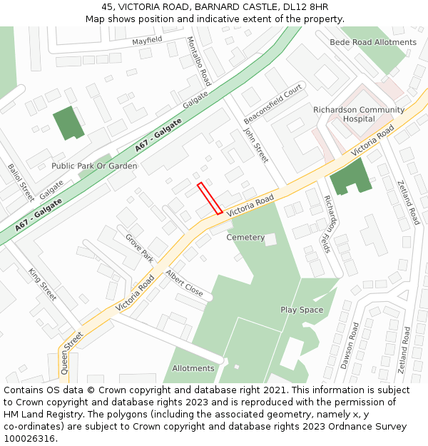45, VICTORIA ROAD, BARNARD CASTLE, DL12 8HR: Location map and indicative extent of plot