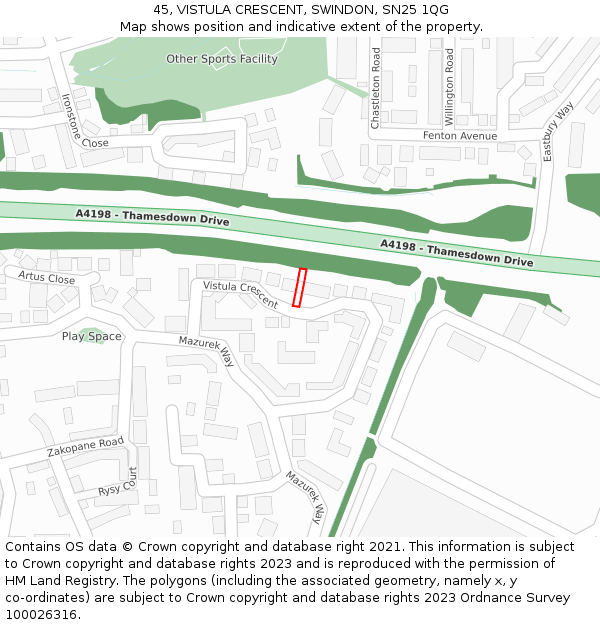 45, VISTULA CRESCENT, SWINDON, SN25 1QG: Location map and indicative extent of plot