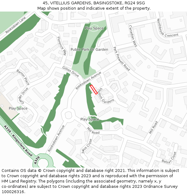 45, VITELLIUS GARDENS, BASINGSTOKE, RG24 9SG: Location map and indicative extent of plot