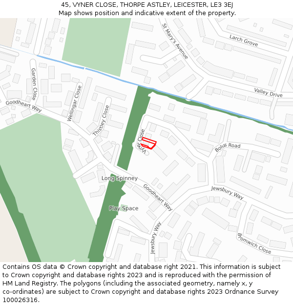 45, VYNER CLOSE, THORPE ASTLEY, LEICESTER, LE3 3EJ: Location map and indicative extent of plot