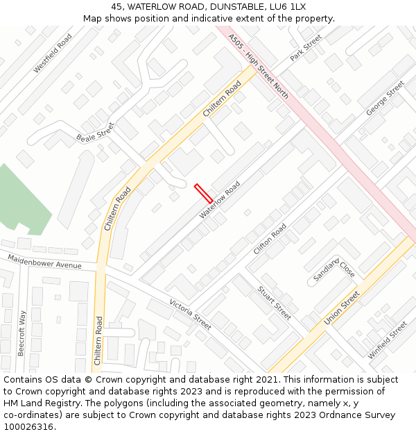 45, WATERLOW ROAD, DUNSTABLE, LU6 1LX: Location map and indicative extent of plot