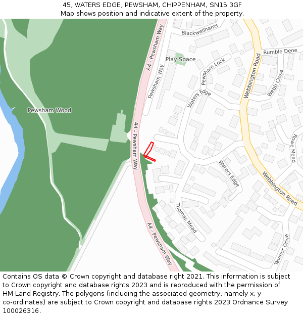 45, WATERS EDGE, PEWSHAM, CHIPPENHAM, SN15 3GF: Location map and indicative extent of plot