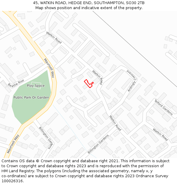 45, WATKIN ROAD, HEDGE END, SOUTHAMPTON, SO30 2TB: Location map and indicative extent of plot