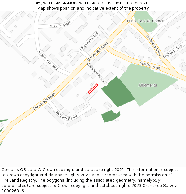 45, WELHAM MANOR, WELHAM GREEN, HATFIELD, AL9 7EL: Location map and indicative extent of plot