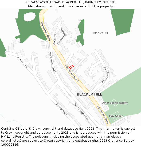 45, WENTWORTH ROAD, BLACKER HILL, BARNSLEY, S74 0RU: Location map and indicative extent of plot
