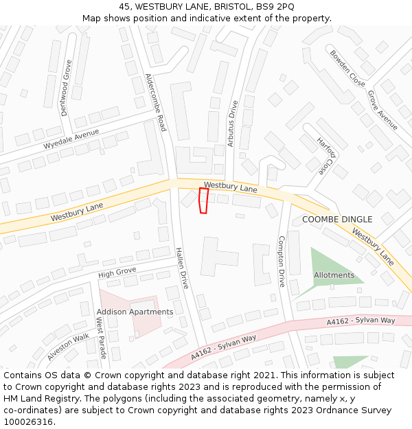 45, WESTBURY LANE, BRISTOL, BS9 2PQ: Location map and indicative extent of plot