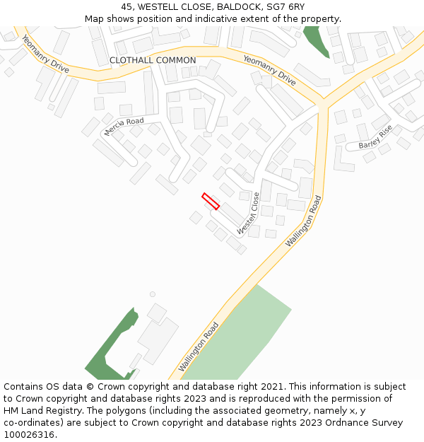 45, WESTELL CLOSE, BALDOCK, SG7 6RY: Location map and indicative extent of plot