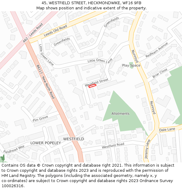 45, WESTFIELD STREET, HECKMONDWIKE, WF16 9FB: Location map and indicative extent of plot