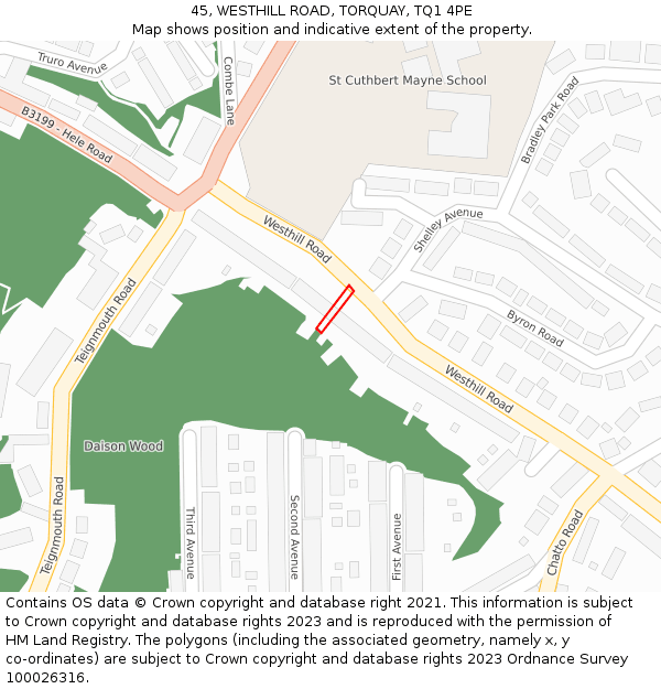 45, WESTHILL ROAD, TORQUAY, TQ1 4PE: Location map and indicative extent of plot