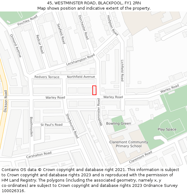 45, WESTMINSTER ROAD, BLACKPOOL, FY1 2RN: Location map and indicative extent of plot