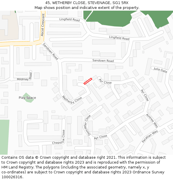 45, WETHERBY CLOSE, STEVENAGE, SG1 5RX: Location map and indicative extent of plot