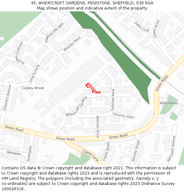 45, WHEATCROFT GARDENS, PENISTONE, SHEFFIELD, S36 6GA: Location map and indicative extent of plot