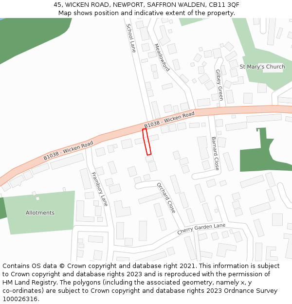 45, WICKEN ROAD, NEWPORT, SAFFRON WALDEN, CB11 3QF: Location map and indicative extent of plot