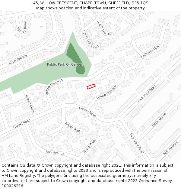 45, WILLOW CRESCENT, CHAPELTOWN, SHEFFIELD, S35 1QS: Location map and indicative extent of plot