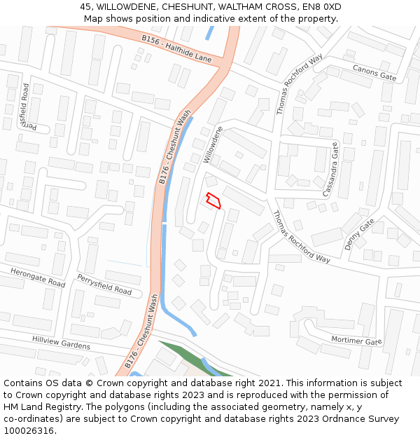 45, WILLOWDENE, CHESHUNT, WALTHAM CROSS, EN8 0XD: Location map and indicative extent of plot