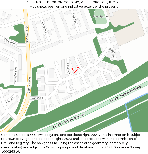 45, WINGFIELD, ORTON GOLDHAY, PETERBOROUGH, PE2 5TH: Location map and indicative extent of plot