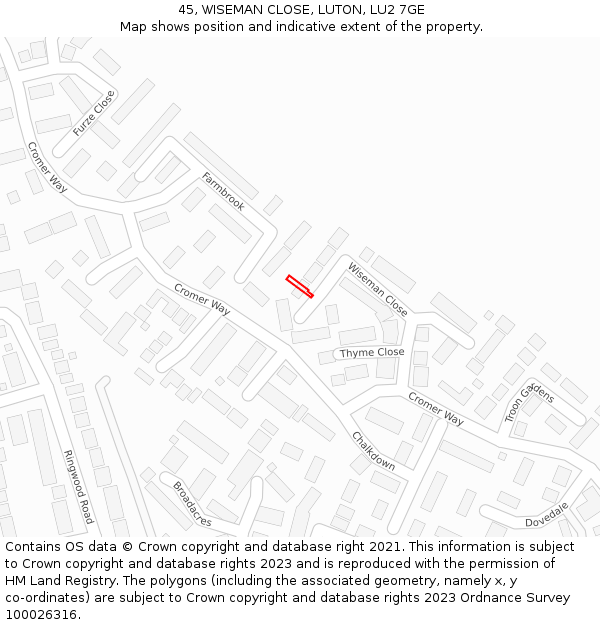45, WISEMAN CLOSE, LUTON, LU2 7GE: Location map and indicative extent of plot