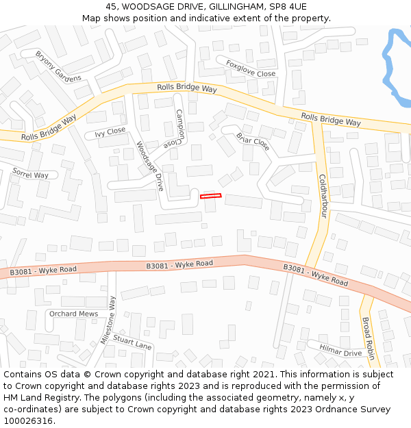 45, WOODSAGE DRIVE, GILLINGHAM, SP8 4UE: Location map and indicative extent of plot