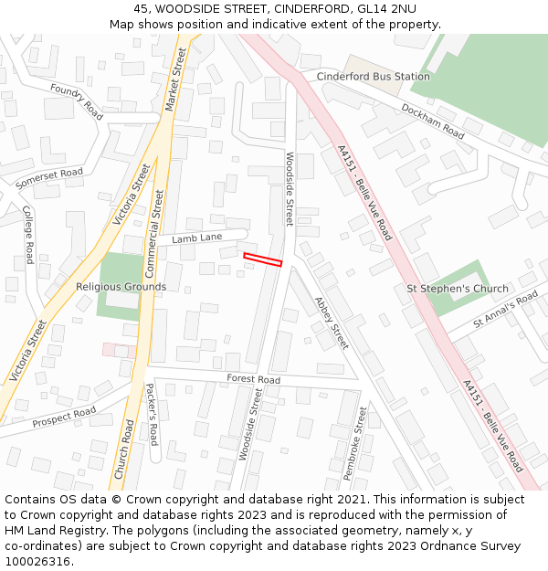 45, WOODSIDE STREET, CINDERFORD, GL14 2NU: Location map and indicative extent of plot