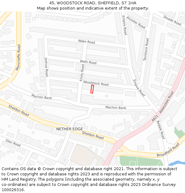 45, WOODSTOCK ROAD, SHEFFIELD, S7 1HA: Location map and indicative extent of plot