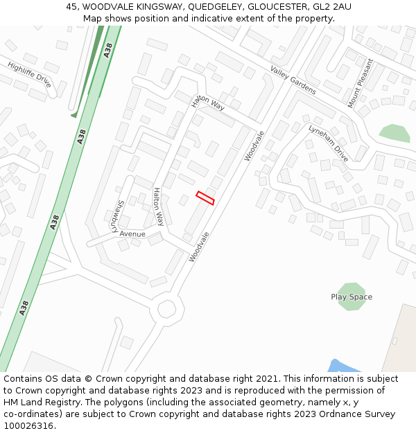 45, WOODVALE KINGSWAY, QUEDGELEY, GLOUCESTER, GL2 2AU: Location map and indicative extent of plot