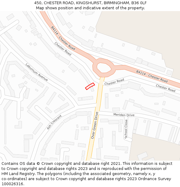 450, CHESTER ROAD, KINGSHURST, BIRMINGHAM, B36 0LF: Location map and indicative extent of plot