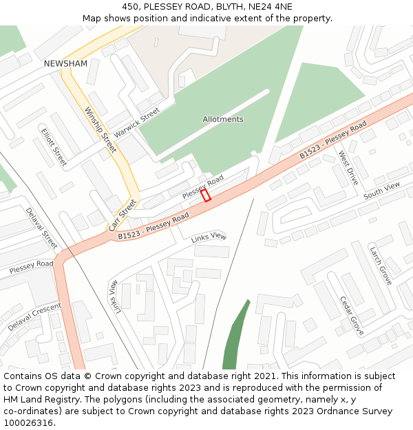 450, PLESSEY ROAD, BLYTH, NE24 4NE: Location map and indicative extent of plot