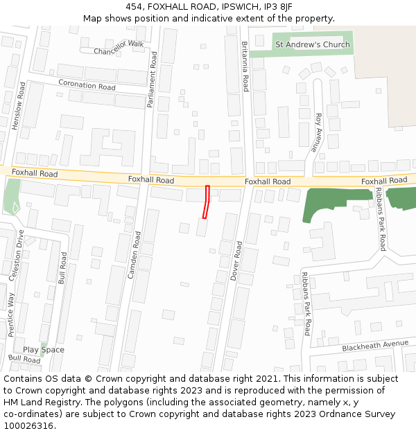 454, FOXHALL ROAD, IPSWICH, IP3 8JF: Location map and indicative extent of plot
