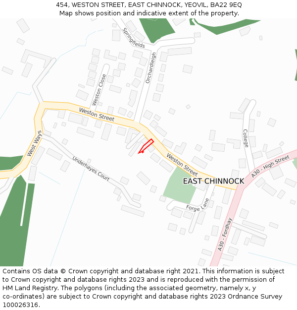 454, WESTON STREET, EAST CHINNOCK, YEOVIL, BA22 9EQ: Location map and indicative extent of plot