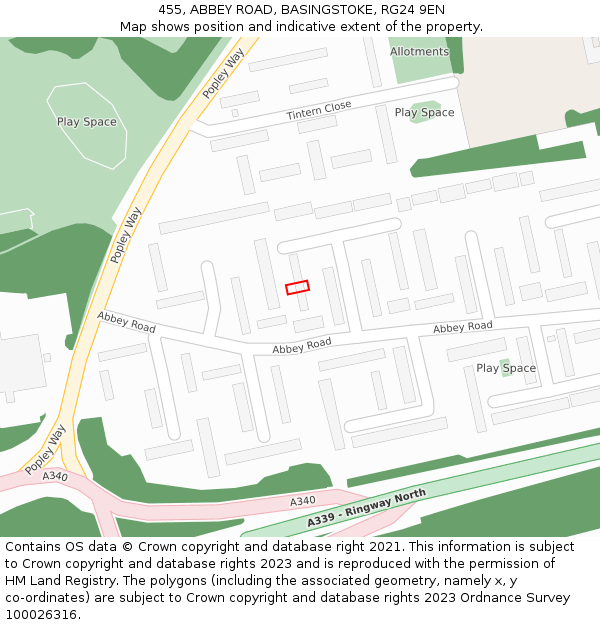 455, ABBEY ROAD, BASINGSTOKE, RG24 9EN: Location map and indicative extent of plot
