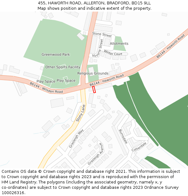 455, HAWORTH ROAD, ALLERTON, BRADFORD, BD15 9LL: Location map and indicative extent of plot