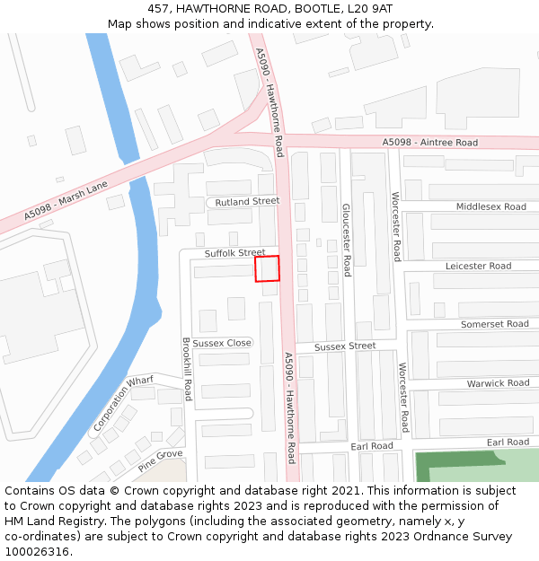 457, HAWTHORNE ROAD, BOOTLE, L20 9AT: Location map and indicative extent of plot