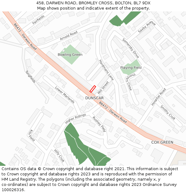 458, DARWEN ROAD, BROMLEY CROSS, BOLTON, BL7 9DX: Location map and indicative extent of plot