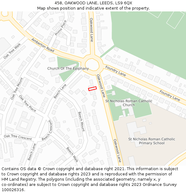 458, OAKWOOD LANE, LEEDS, LS9 6QX: Location map and indicative extent of plot