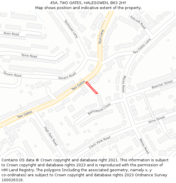45A, TWO GATES, HALESOWEN, B63 2HY: Location map and indicative extent of plot