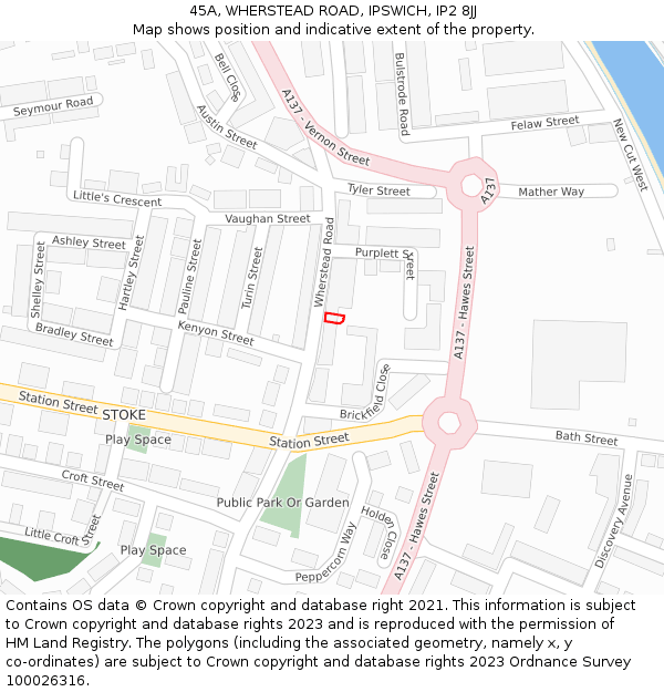 45A, WHERSTEAD ROAD, IPSWICH, IP2 8JJ: Location map and indicative extent of plot