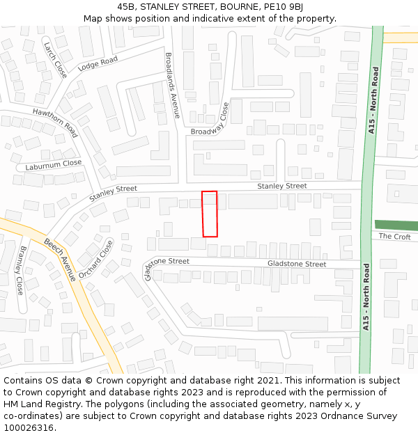 45B, STANLEY STREET, BOURNE, PE10 9BJ: Location map and indicative extent of plot