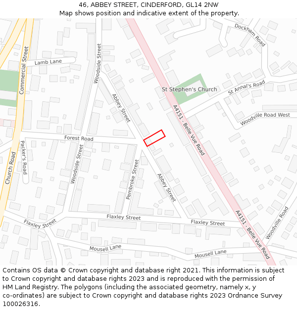 46, ABBEY STREET, CINDERFORD, GL14 2NW: Location map and indicative extent of plot