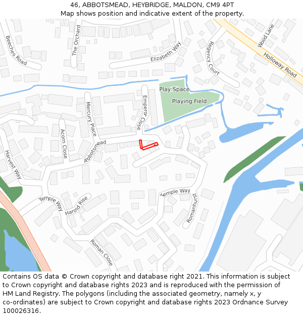 46, ABBOTSMEAD, HEYBRIDGE, MALDON, CM9 4PT: Location map and indicative extent of plot