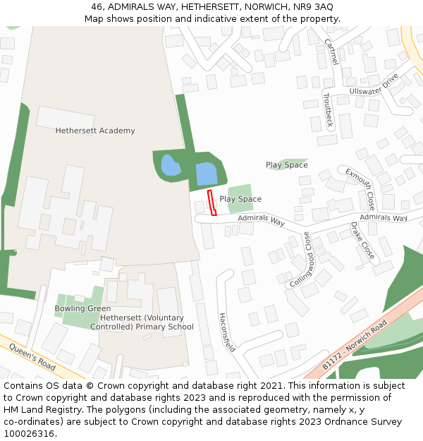 46, ADMIRALS WAY, HETHERSETT, NORWICH, NR9 3AQ: Location map and indicative extent of plot