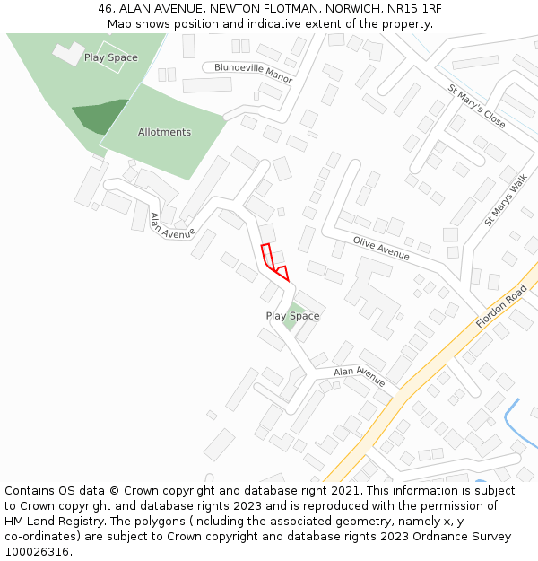 46, ALAN AVENUE, NEWTON FLOTMAN, NORWICH, NR15 1RF: Location map and indicative extent of plot